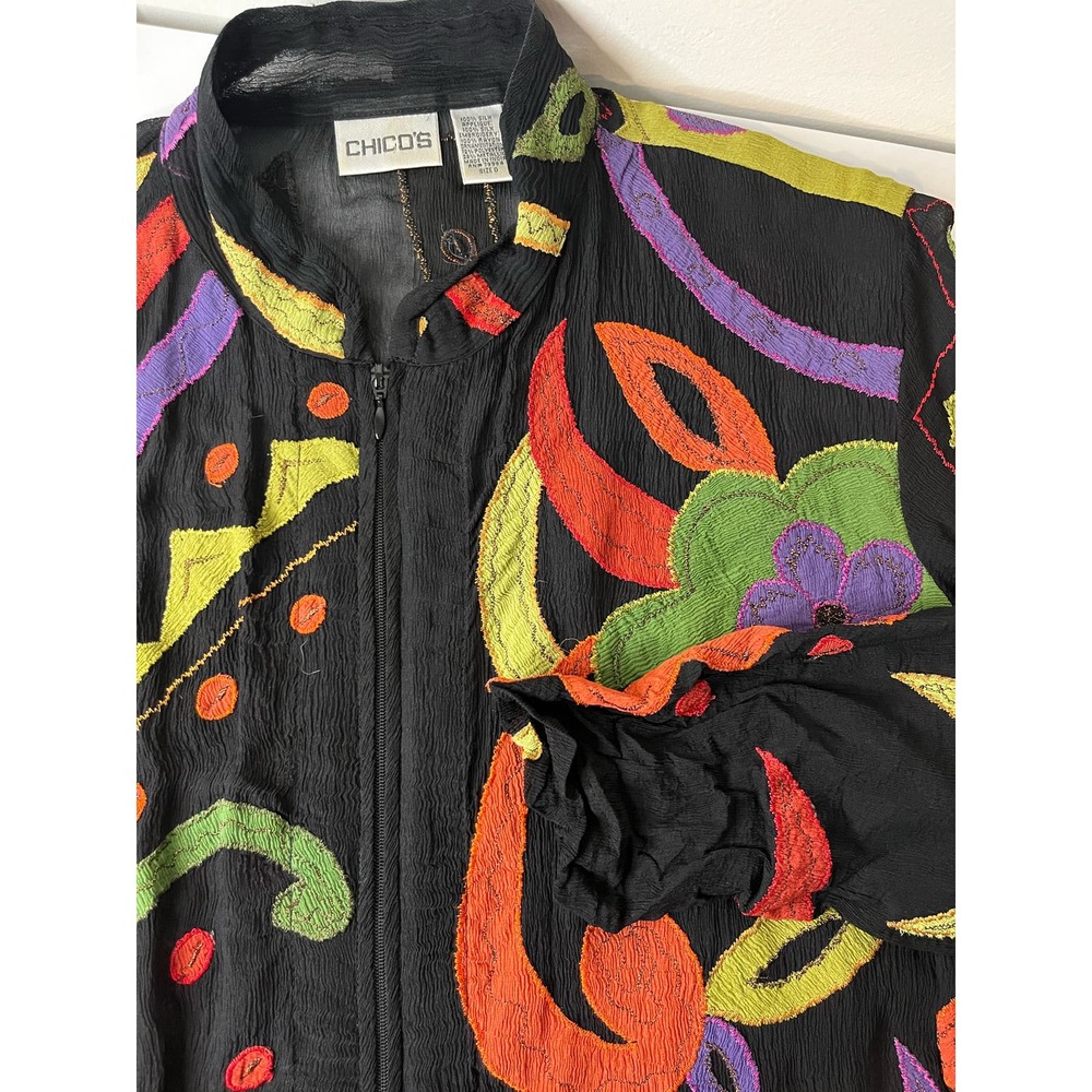 Chicos Women's 0 Full Zip Patchwork Chiffon‎ Jacket 100% Silk Whimsical Eclectic